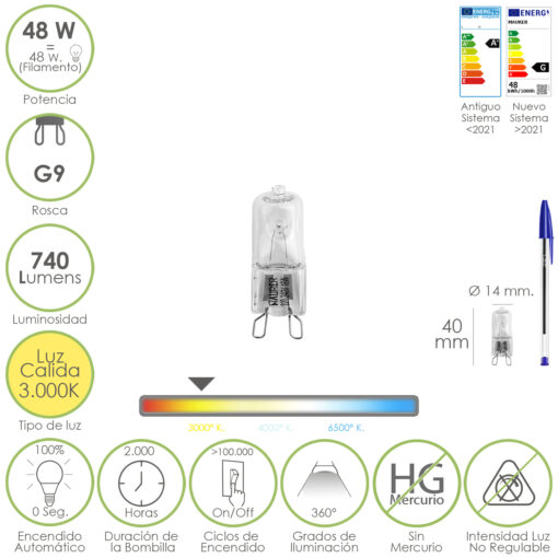 Bombilla Halogena G-9. 48 W. 460 lumenes. Luz cálida (3.000º K)