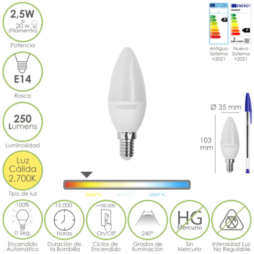 Bombilla Led Vela E14. 2