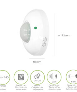 Detector De Movimiento Por Infrarrojos Con Sensor Crepuscular 360°. Ajustable