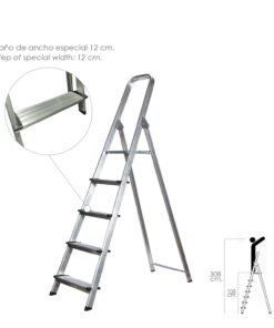 Escalera Doméstica Aluminio Profesional 5 Peldaños 12 cm Grosor.