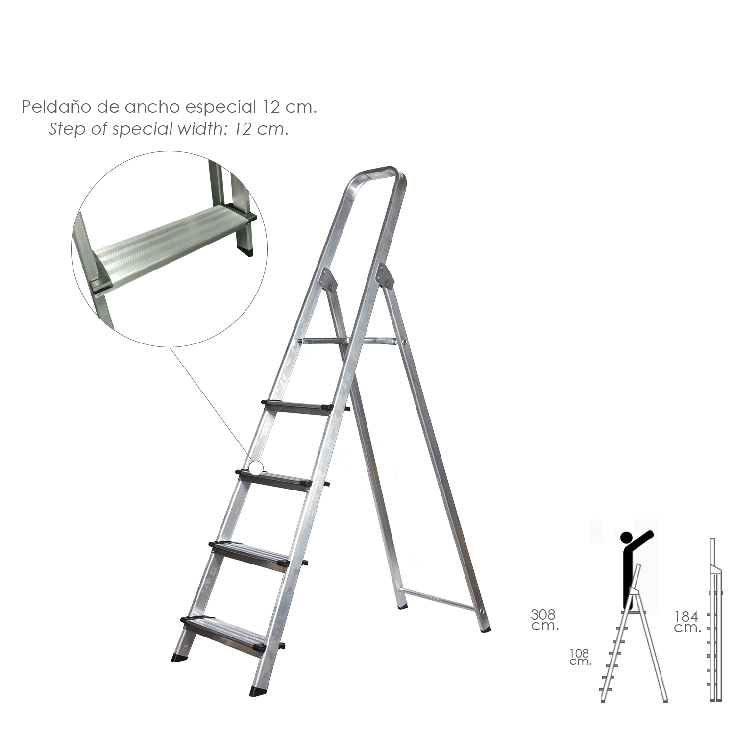 Escalera Doméstica Aluminio Profesional 5 Peldaños 12 cm Grosor.