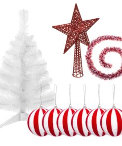 Pack decoración Navidad: Abeto blanco 70 cm con base + 6 bolas Navidad rayas blanca y roja + Estrella cresta roja + guirnalda espumillón blanca y roja