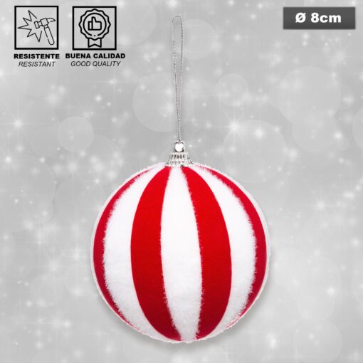 Pack decoración Navidad: Abeto blanco 70 cm con base + 6 bolas Navidad rayas blanca y roja + Estrella cresta roja + guirnalda espumillón blanca y roja