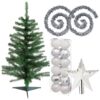 Pack decoración Navidad: Abeto verde 100 cm con base +  Lote de 12 bolas navideñas de 40 mm. Diseño surtido + 2 Guirnaldas espumillón plata 2 m + Estr