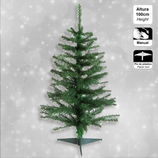 Pack decoración Navidad: Abeto verde 100 cm con base +  Lote de 12 bolas navideñas de 40 mm. Diseño surtido + 2 Guirnaldas espumillón plata 2 m + Estr