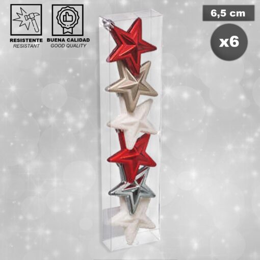 Árbol de Navidad nevado 150 cm  con pack decorativo rojo/plata/ blanco: 6 Estrellas de Navidad (3 colores) +3 x Bola Cristal 100 mm blanca + 3 x bola