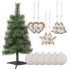 Abeto de Nebraska 70 cm + 6 bolas de Navidad blancas 60mm + 6 adornos navideños madera de yute