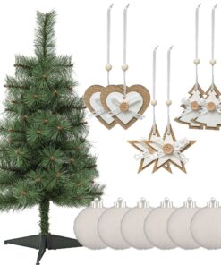 Abeto de Nebraska 70 cm + 6 bolas de Navidad blancas 60mm + 6 adornos navideños madera de yute