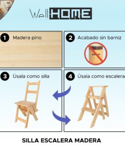 WELL HOME - Silla escalera plegable fabricada en madera acabado SIN barniz 39x53x91 cm