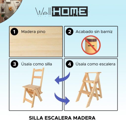 WELL HOME - Silla escalera plegable fabricada en madera acabado SIN barniz 39x53x91 cm